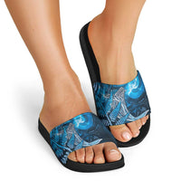 New Zealand Matariki Slide Sandals Maori Koru With Humpback Whale Blue