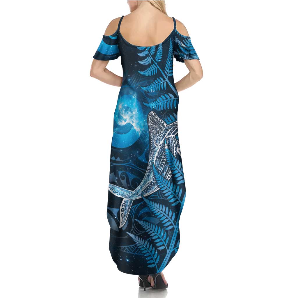 New Zealand Matariki Summer Maxi Dress Maori Koru With Humpback Whale Blue