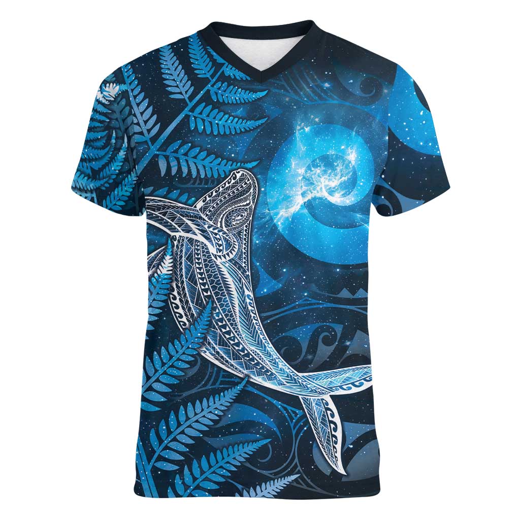 New Zealand Matariki Women V-Neck T-Shirt Maori Koru With Humpback Whale Blue LT05 Female Blue - Polynesian Pride