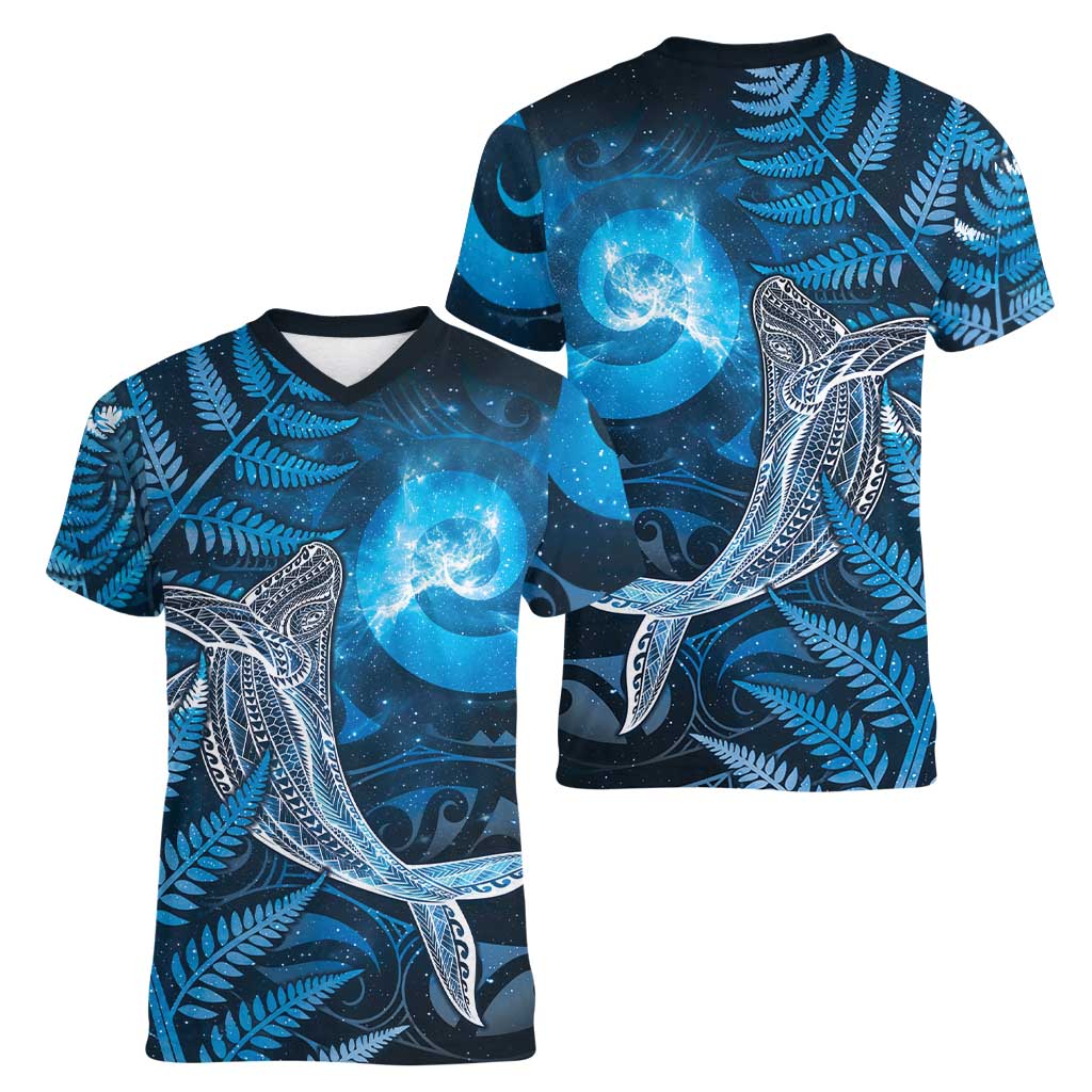 New Zealand Matariki Women V-Neck T-Shirt Maori Koru With Humpback Whale Blue LT05 - Polynesian Pride