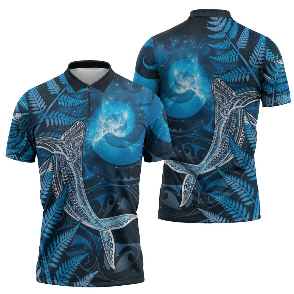 New Zealand Matariki Zipper Polo Shirt Maori Koru With Humpback Whale Blue LT05 - Polynesian Pride