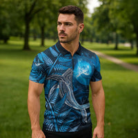 New Zealand Matariki Zipper Polo Shirt Maori Koru With Humpback Whale Blue LT05 - Polynesian Pride