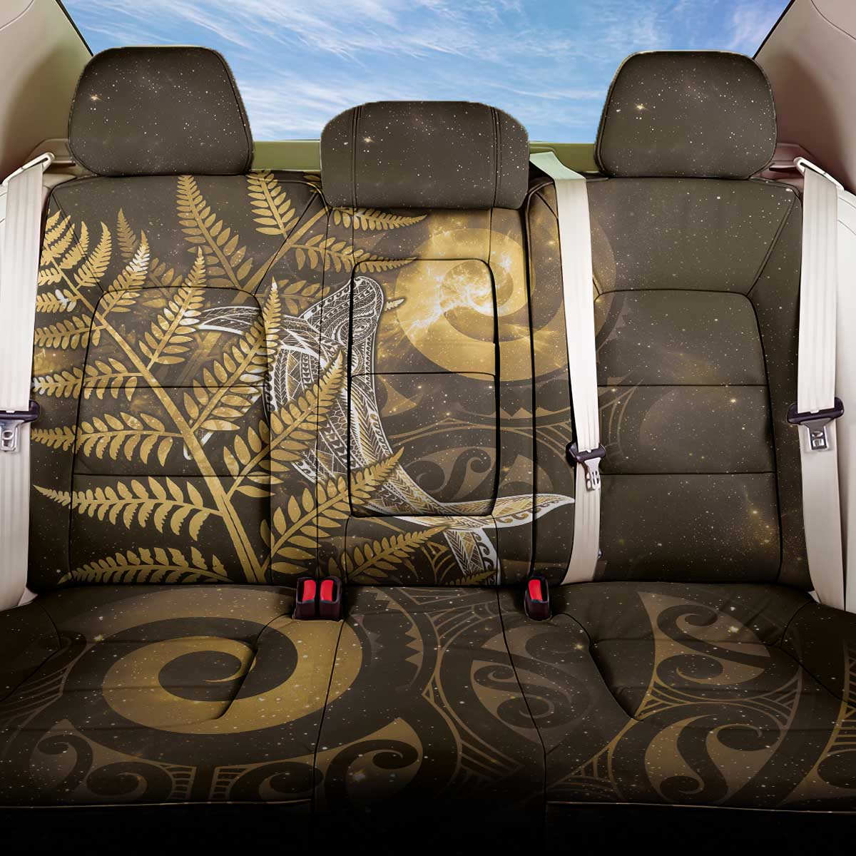 New Zealand Matariki Back Car Seat Cover Maori Koru With Humpback Whale Gold LT05 One Size Gold - Polynesian Pride