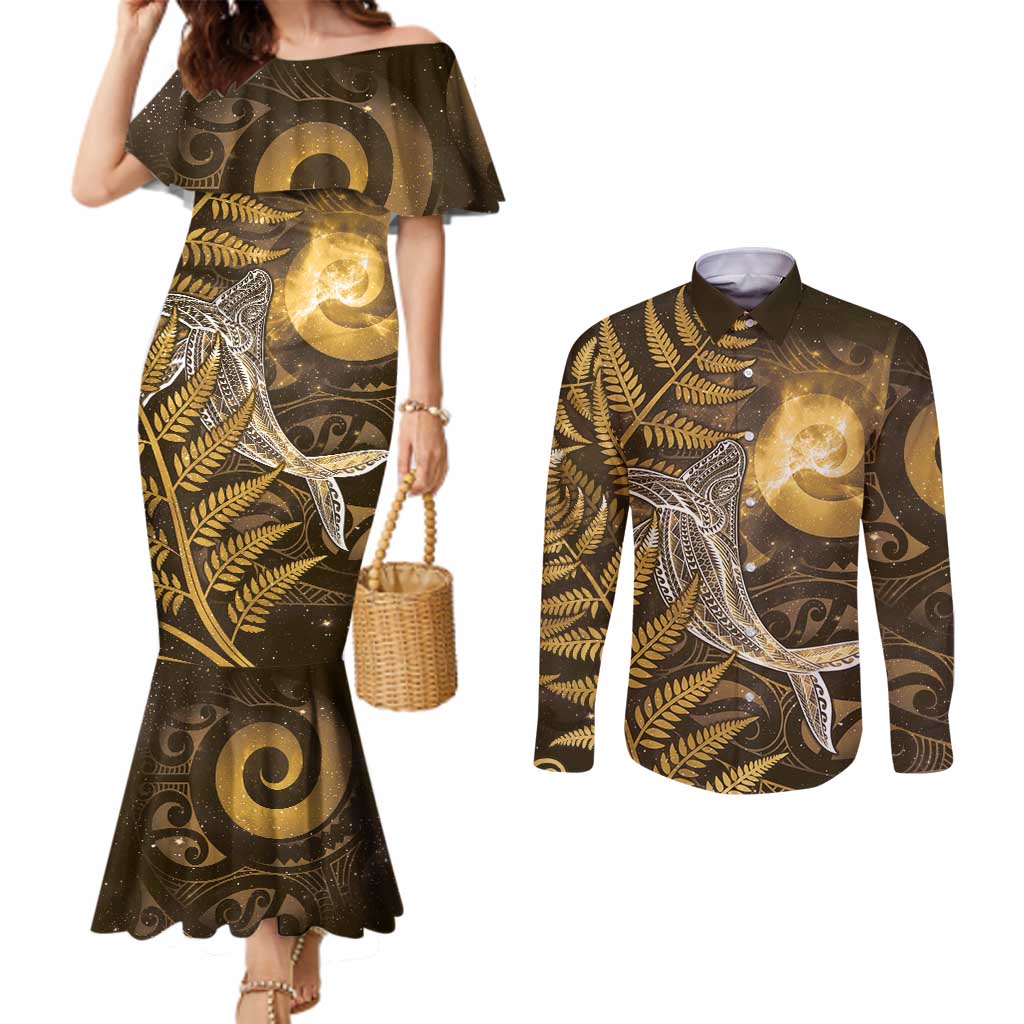 New Zealand Matariki Couples Matching Mermaid Dress and Long Sleeve Button Shirt Maori Koru With Humpback Whale Gold
