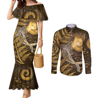 New Zealand Matariki Couples Matching Mermaid Dress and Long Sleeve Button Shirt Maori Koru With Humpback Whale Gold