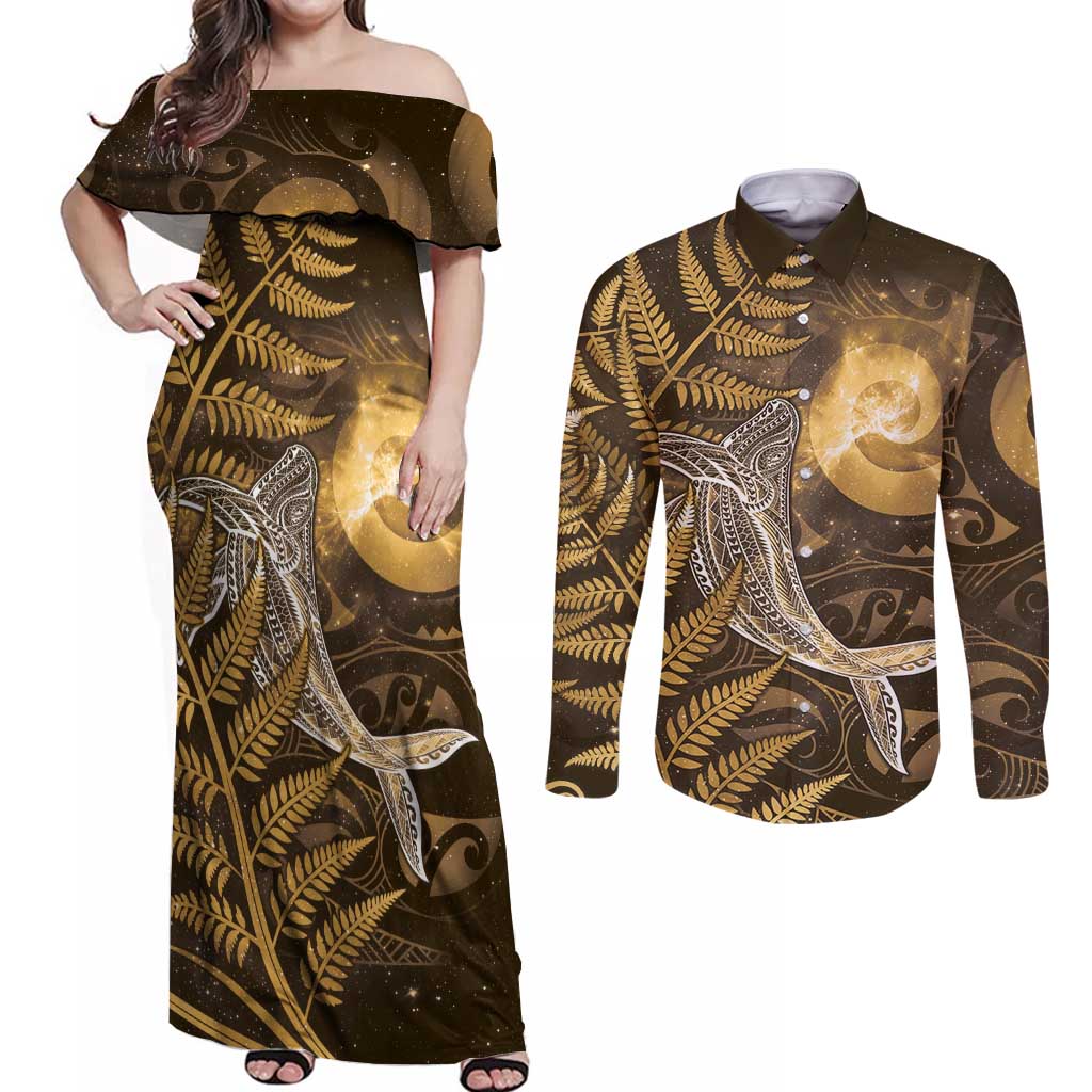 New Zealand Matariki Couples Matching Off Shoulder Maxi Dress and Long Sleeve Button Shirt Maori Koru With Humpback Whale Gold LT05 Gold - Polynesian Pride