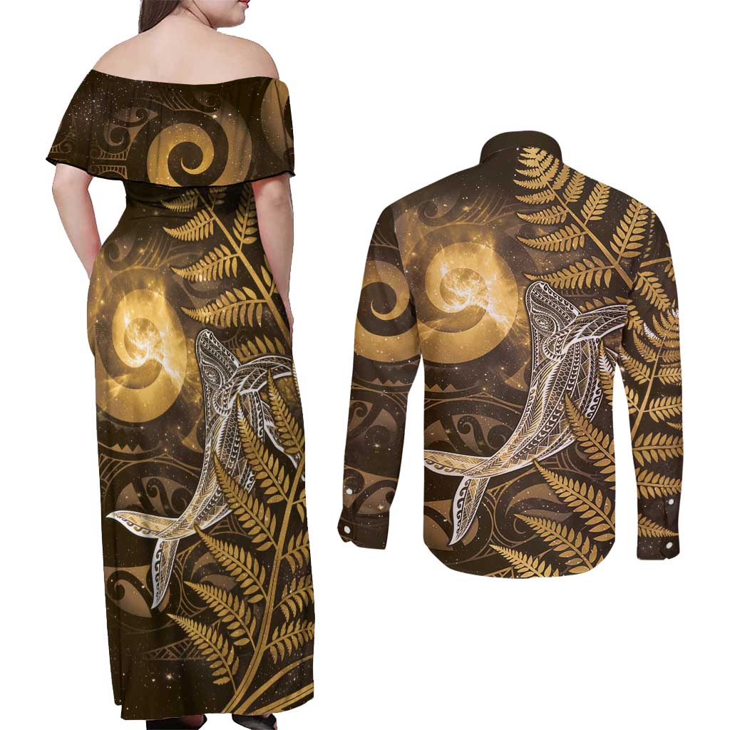 New Zealand Matariki Couples Matching Off Shoulder Maxi Dress and Long Sleeve Button Shirt Maori Koru With Humpback Whale Gold LT05 - Polynesian Pride