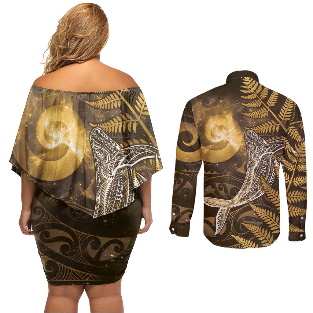 New Zealand Matariki Couples Matching Off Shoulder Short Dress and Long Sleeve Button Shirt Maori Koru With Humpback Whale Gold LT05 - Polynesian Pride
