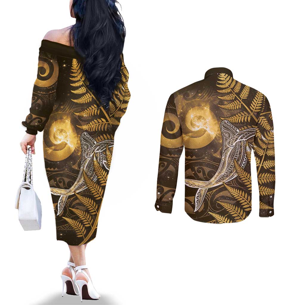 New Zealand Matariki Couples Matching Off The Shoulder Long Sleeve Dress and Long Sleeve Button Shirt Maori Koru With Humpback Whale Gold LT05 - Polynesian Pride