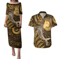 New Zealand Matariki Couples Matching Puletasi and Hawaiian Shirt Maori Koru With Humpback Whale Gold