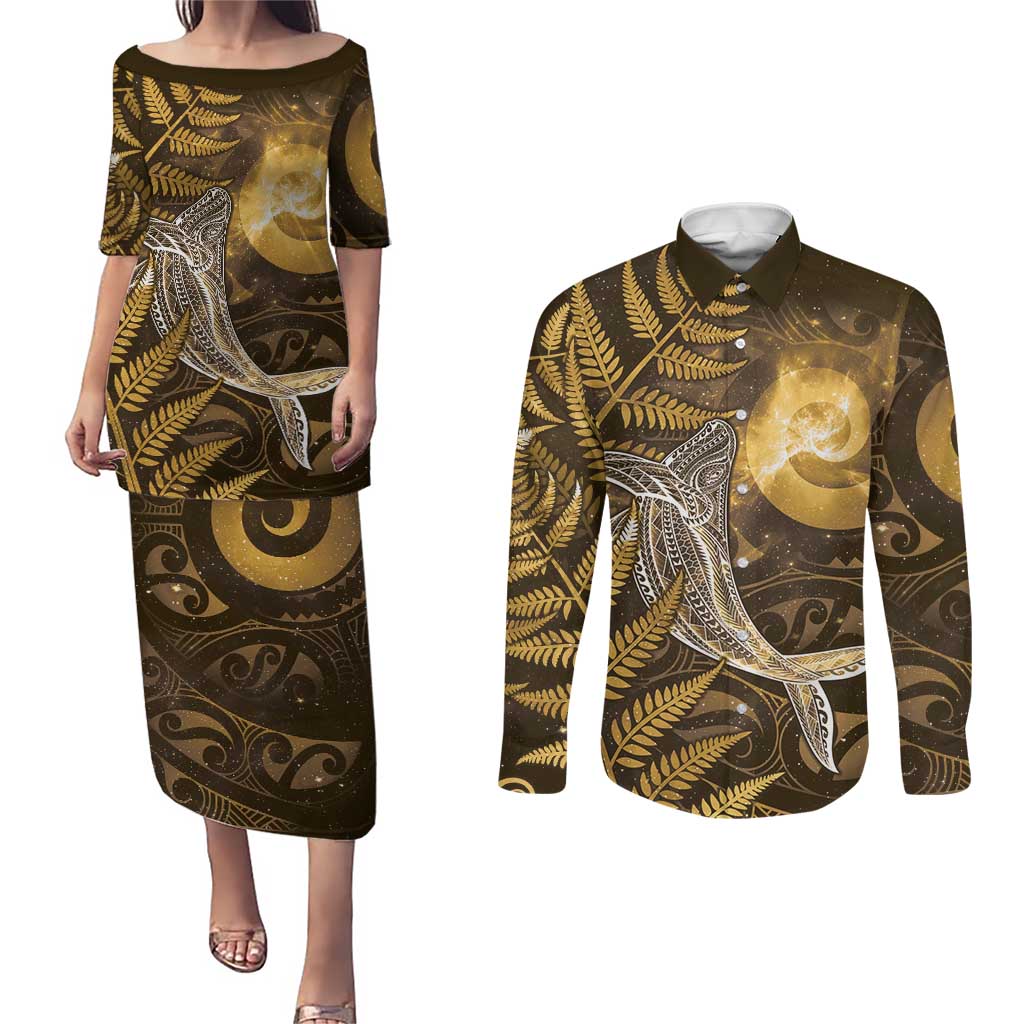 New Zealand Matariki Couples Matching Puletasi and Long Sleeve Button Shirt Maori Koru With Humpback Whale Gold LT05 Gold - Polynesian Pride