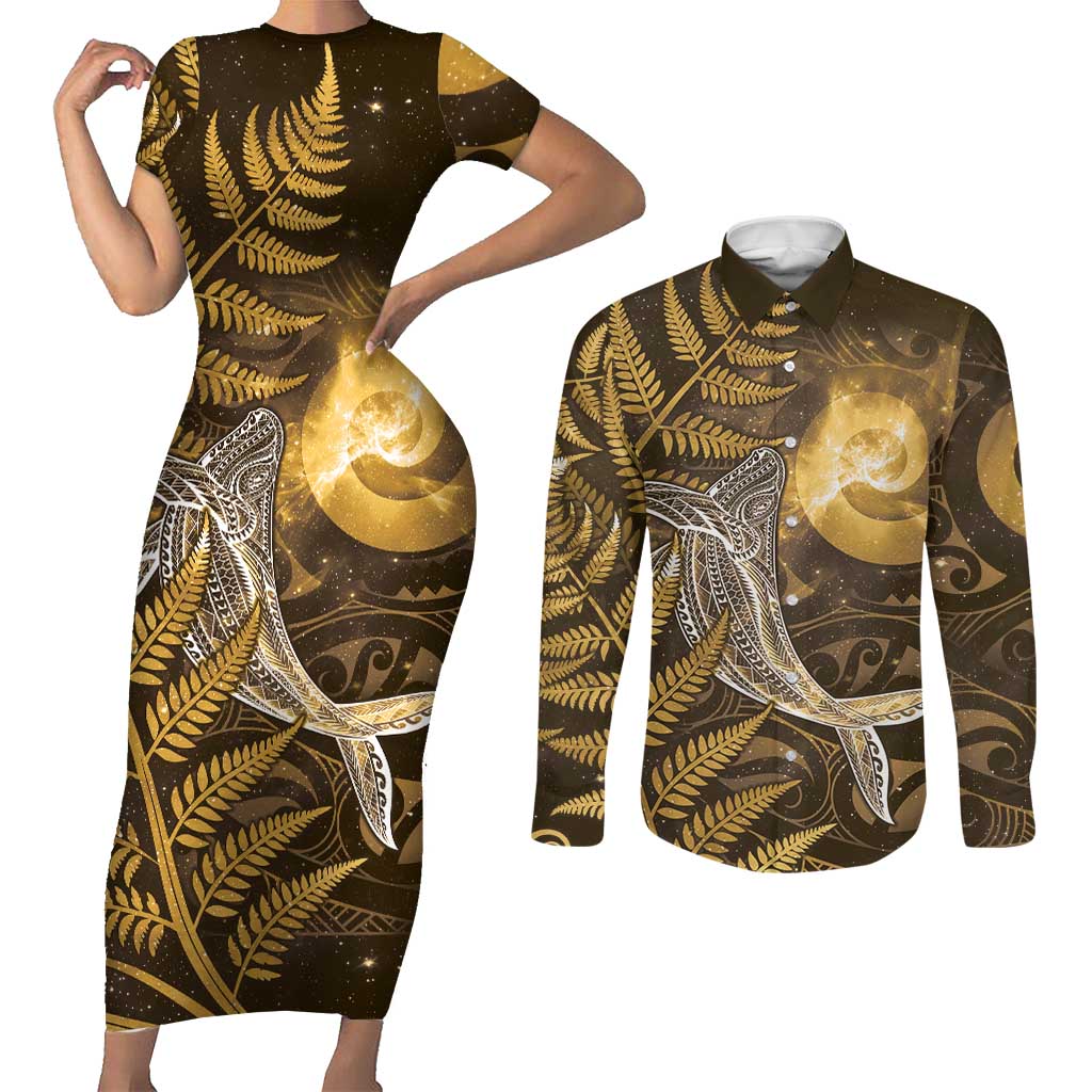New Zealand Matariki Couples Matching Short Sleeve Bodycon Dress and Long Sleeve Button Shirt Maori Koru With Humpback Whale Gold