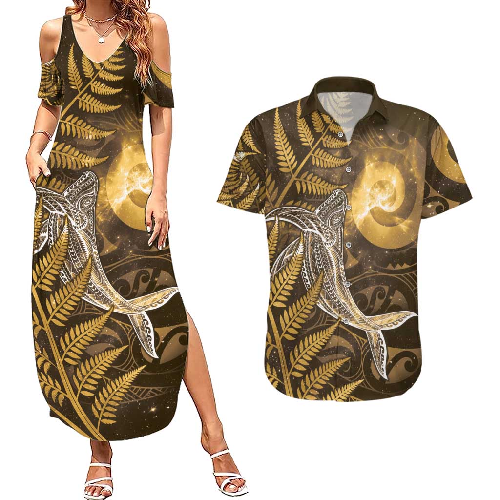 New Zealand Matariki Couples Matching Summer Maxi Dress and Hawaiian Shirt Maori Koru With Humpback Whale Gold