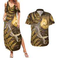 New Zealand Matariki Couples Matching Summer Maxi Dress and Hawaiian Shirt Maori Koru With Humpback Whale Gold