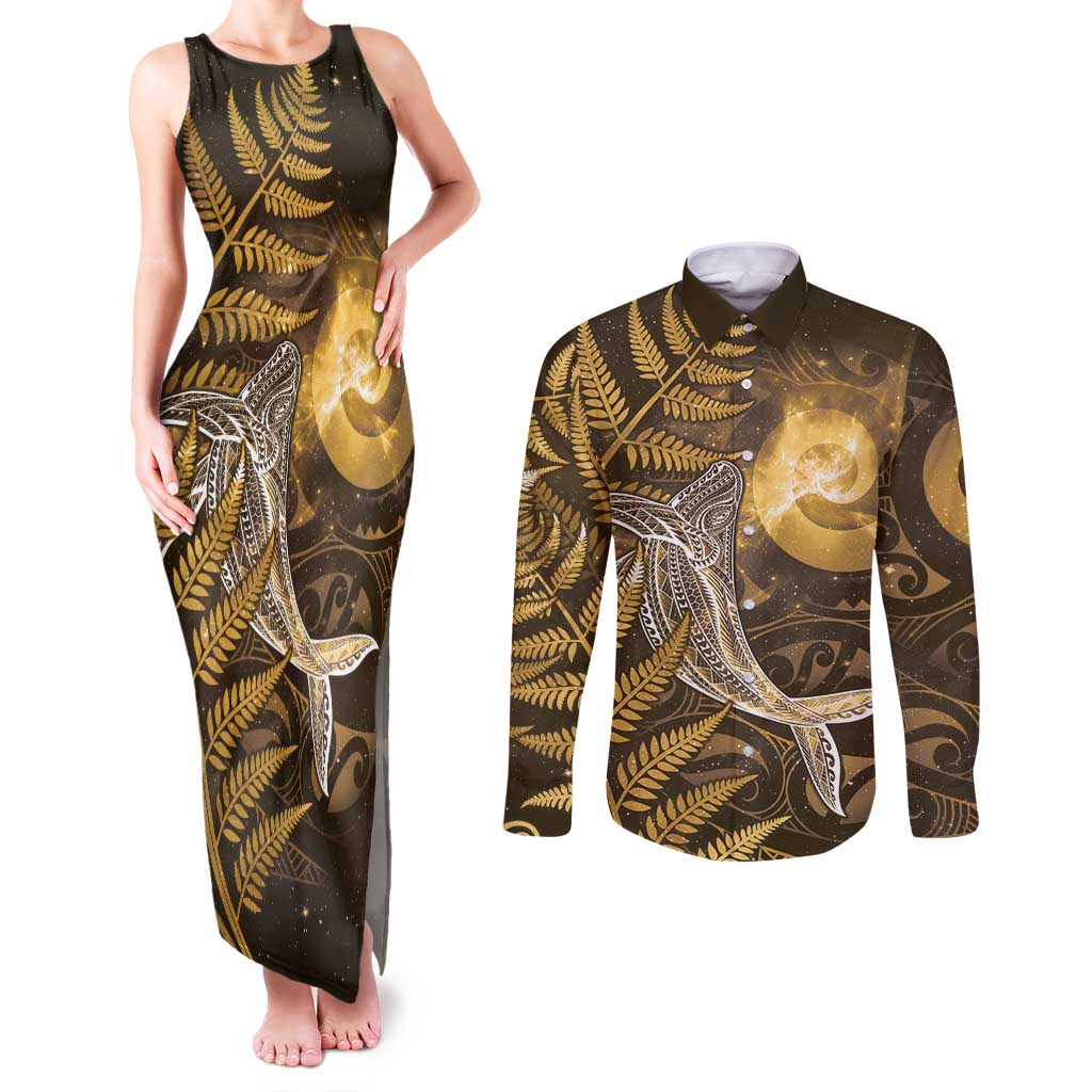 New Zealand Matariki Couples Matching Tank Maxi Dress and Long Sleeve Button Shirt Maori Koru With Humpback Whale Gold