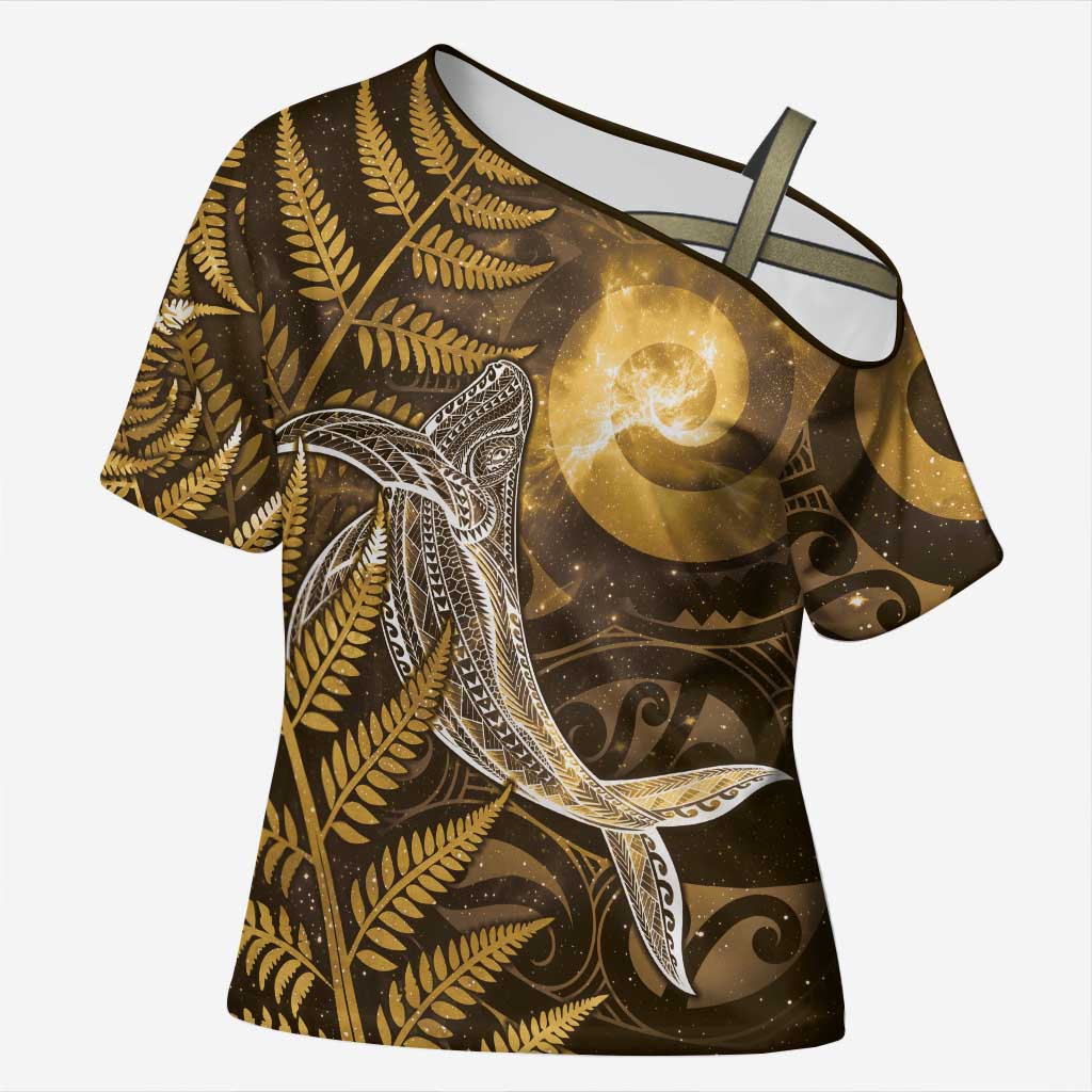 New Zealand Matariki Cross Shoulder Shirt Maori Koru With Humpback Whale Gold LT05 Female Gold - Polynesian Pride