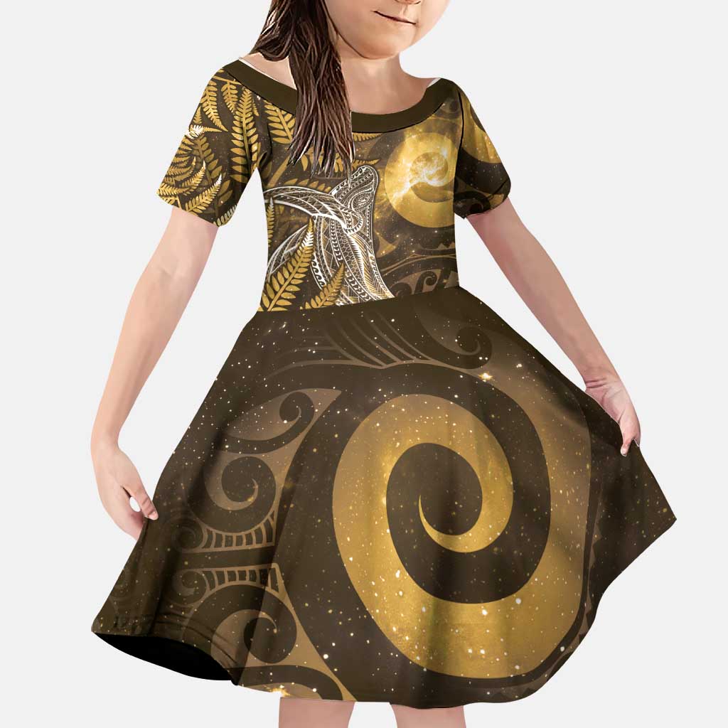 New Zealand Matariki Family Matching Off Shoulder Short Dress and Hawaiian Shirt Maori Koru With Humpback Whale Gold LT05 Daughter's Dress Gold - Polynesian Pride