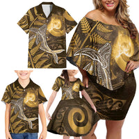 New Zealand Matariki Family Matching Off Shoulder Short Dress and Hawaiian Shirt Maori Koru With Humpback Whale Gold LT05 - Polynesian Pride