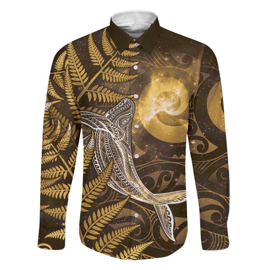 New Zealand Matariki Family Matching Off Shoulder Short Dress and Hawaiian Shirt Maori Koru With Humpback Whale Gold LT05 Dad's Shirt - Long Sleeve Gold - Polynesian Pride