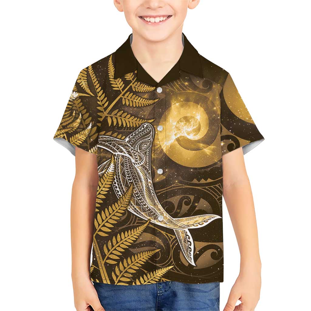 New Zealand Matariki Family Matching Off Shoulder Short Dress and Hawaiian Shirt Maori Koru With Humpback Whale Gold LT05 Son's Shirt Gold - Polynesian Pride