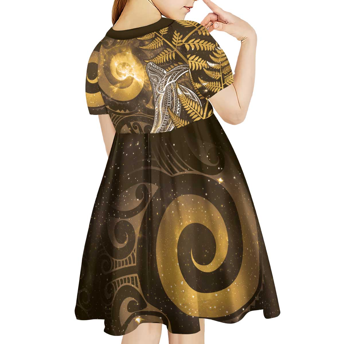 New Zealand Matariki Kid Short Sleeve Dress Maori Koru With Humpback Whale Gold LT05 - Polynesian Pride