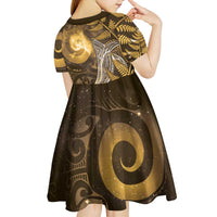 New Zealand Matariki Kid Short Sleeve Dress Maori Koru With Humpback Whale Gold LT05 - Polynesian Pride