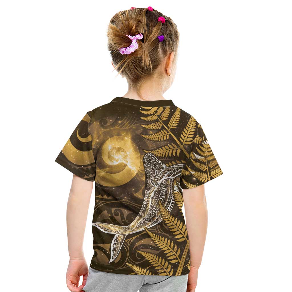 New Zealand Matariki Kid T Shirt Maori Koru With Humpback Whale Gold LT05 - Polynesian Pride