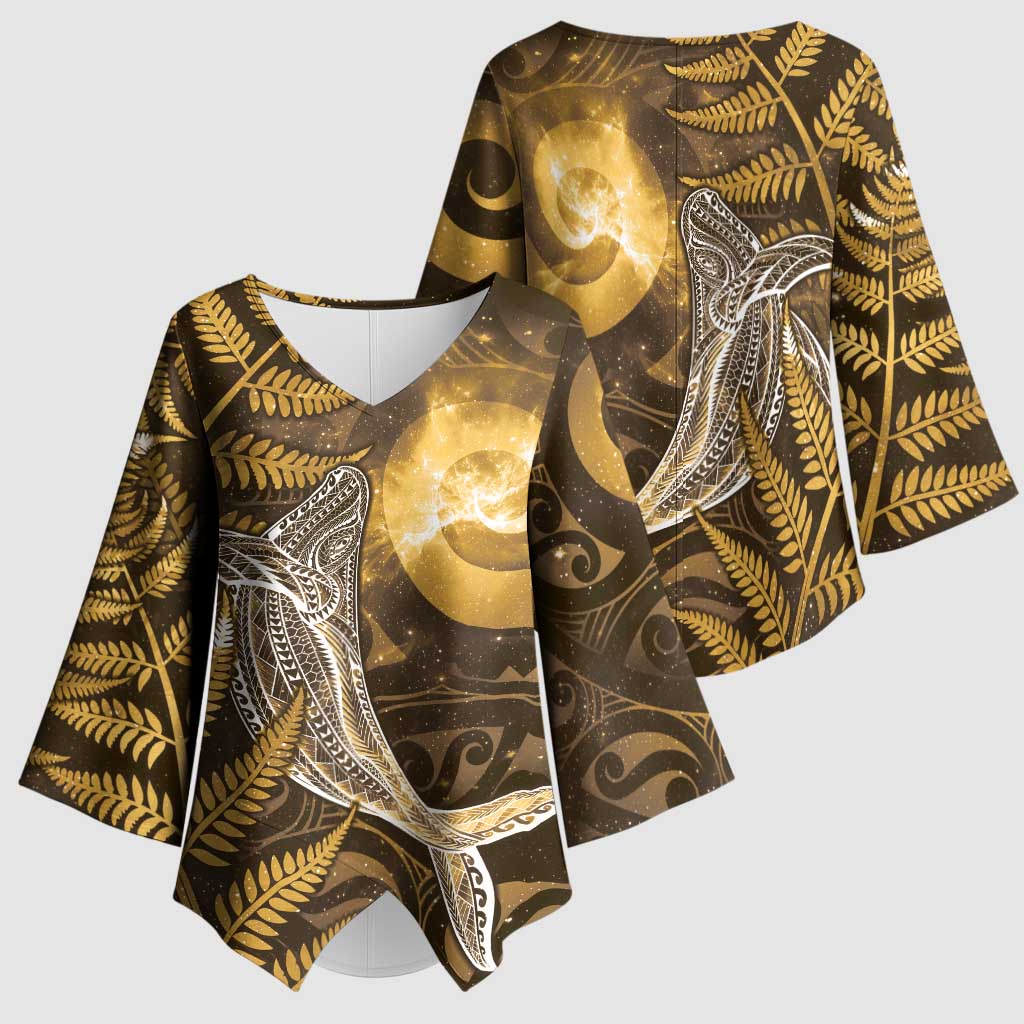 New Zealand Matariki Kimono Sleeve Blouse Maori Koru With Humpback Whale Gold