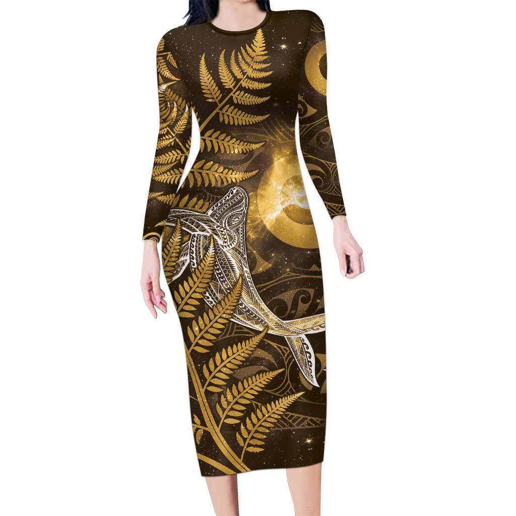 New Zealand Matariki Long Sleeve Bodycon Dress Maori Koru With Humpback Whale Gold