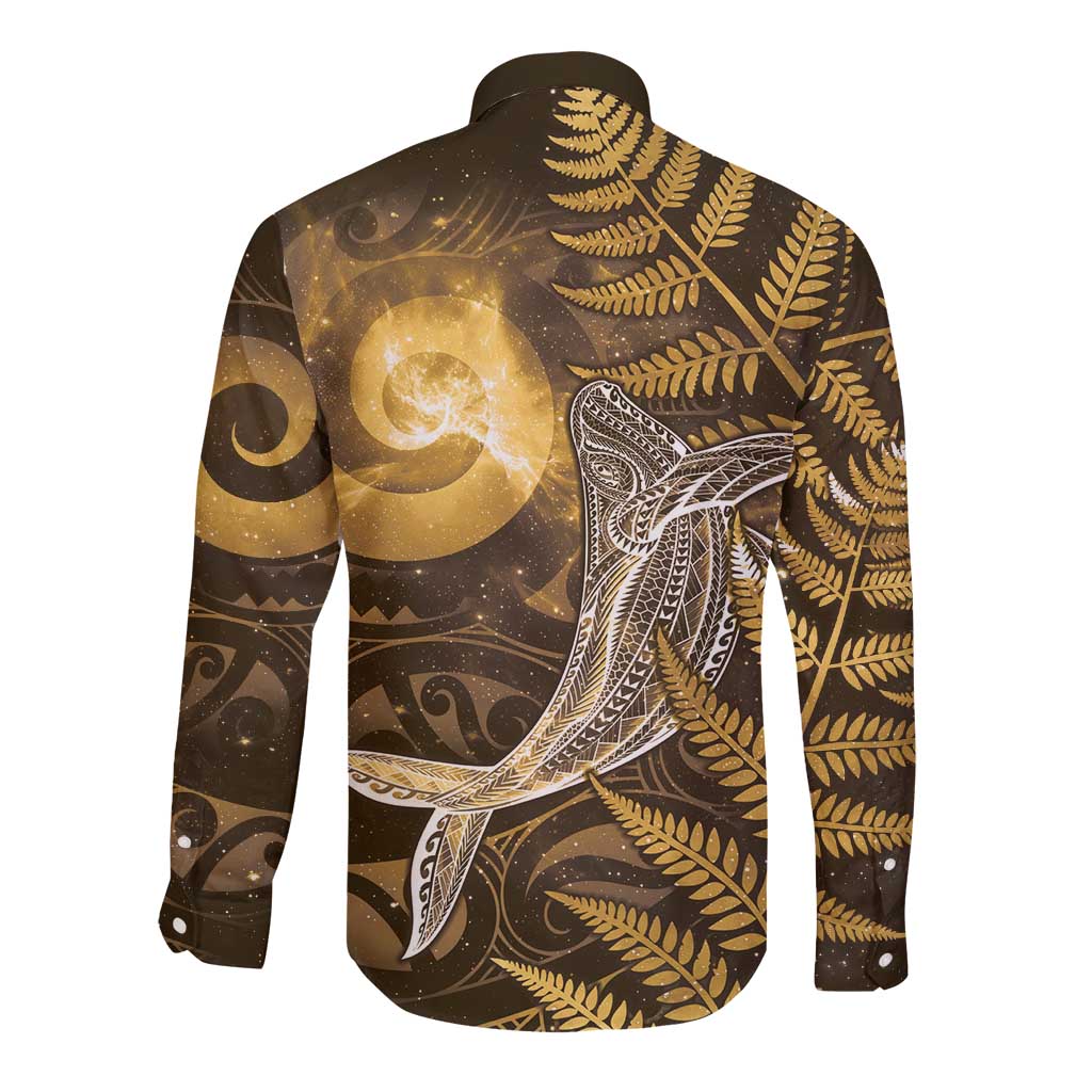 New Zealand Matariki Long Sleeve Button Shirt Maori Koru With Humpback Whale Gold