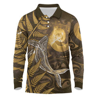 New Zealand Matariki Long Sleeve Polo Shirt Maori Koru With Humpback Whale Gold LT05 Gold - Polynesian Pride