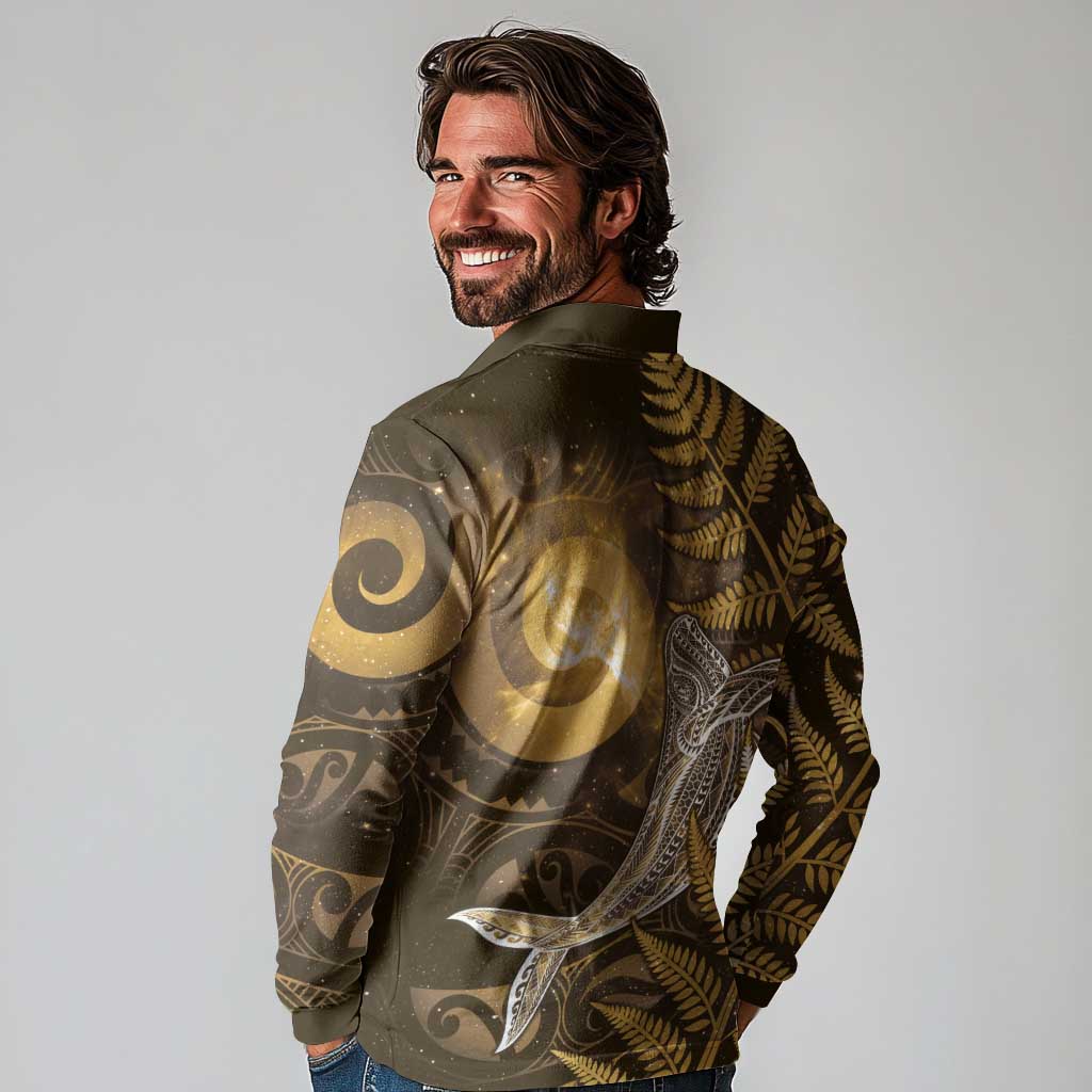 New Zealand Matariki Long Sleeve Polo Shirt Maori Koru With Humpback Whale Gold LT05 - Polynesian Pride