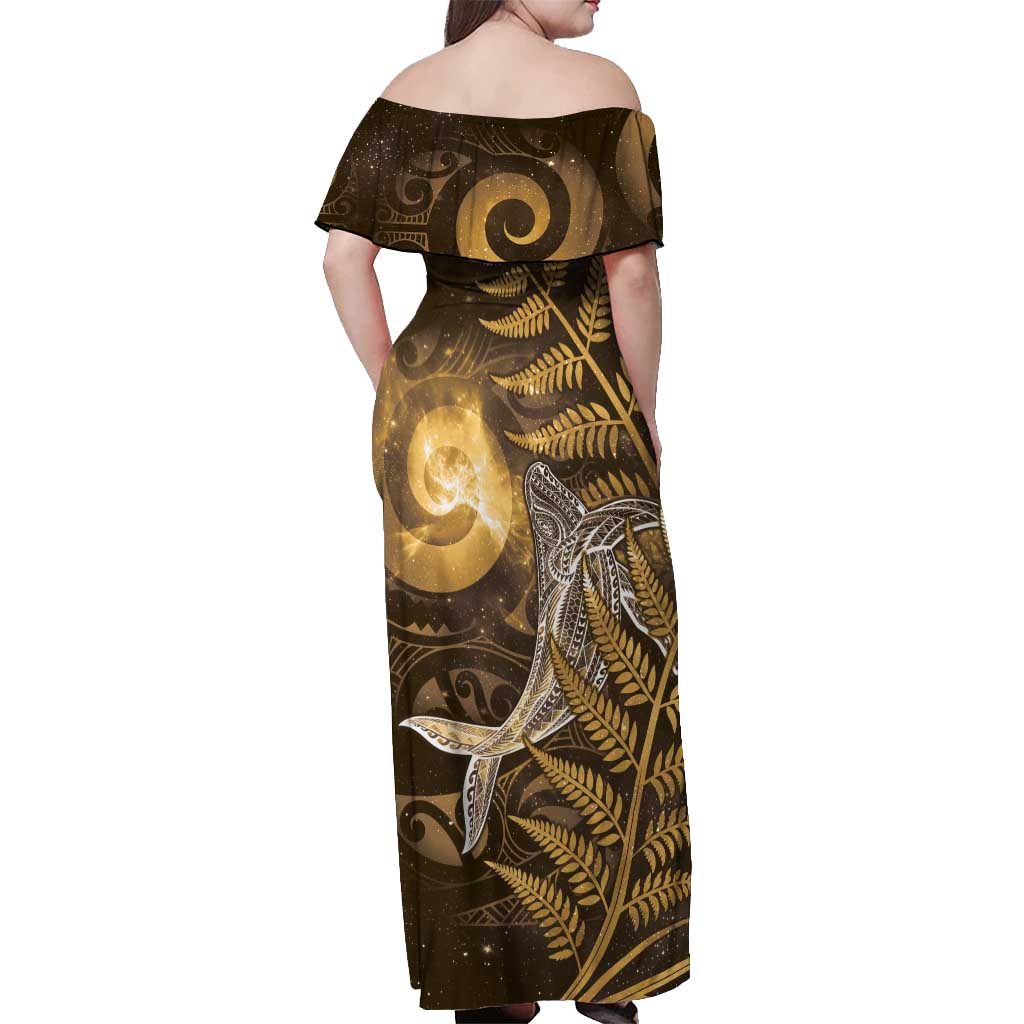 New Zealand Matariki Off Shoulder Maxi Dress Maori Koru With Humpback Whale Gold LT05 - Polynesian Pride
