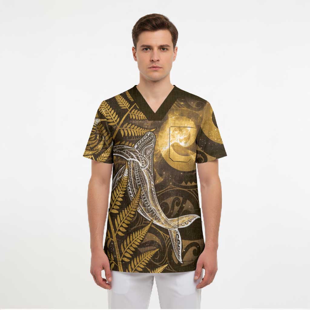 New Zealand Matariki Scrub Top Maori Koru With Humpback Whale Gold