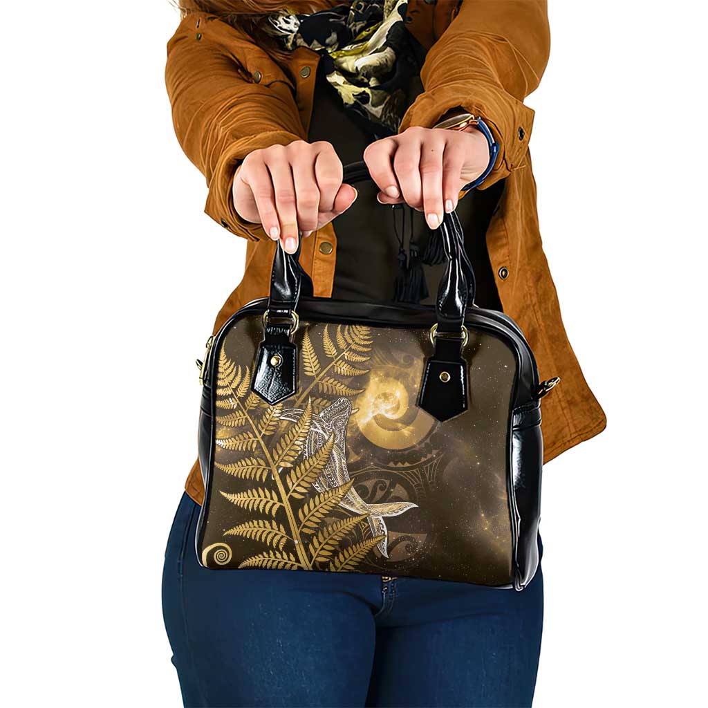 New Zealand Matariki Shoulder Handbag Maori Koru With Humpback Whale Gold LT05 One Size Gold - Polynesian Pride