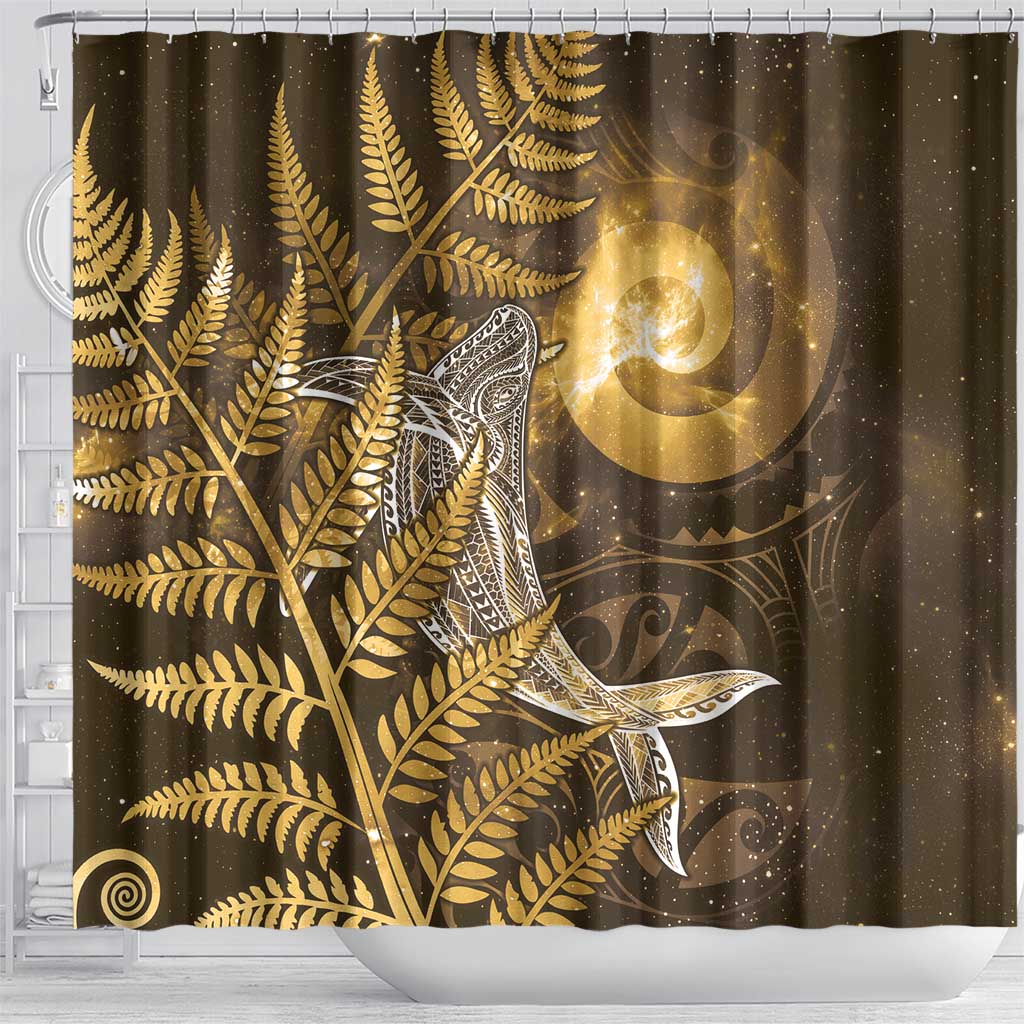 New Zealand Matariki Shower Curtain Maori Koru With Humpback Whale Gold