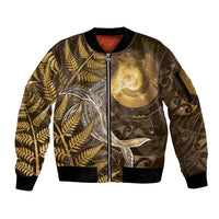 New Zealand Matariki Sleeve Zip Bomber Jacket Maori Koru With Humpback Whale Gold