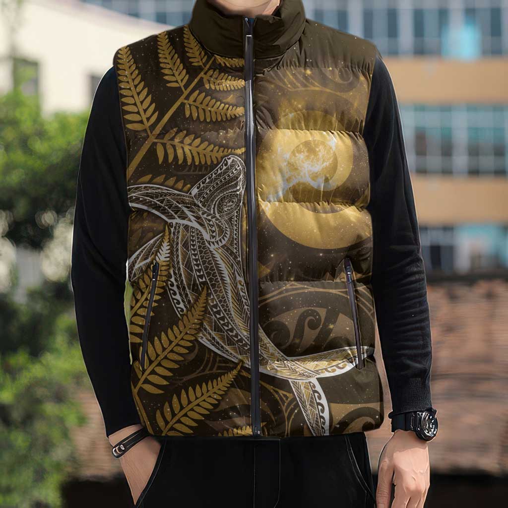 New Zealand Matariki Sleeveless Puffer Jacket Maori Koru With Humpback Whale Gold