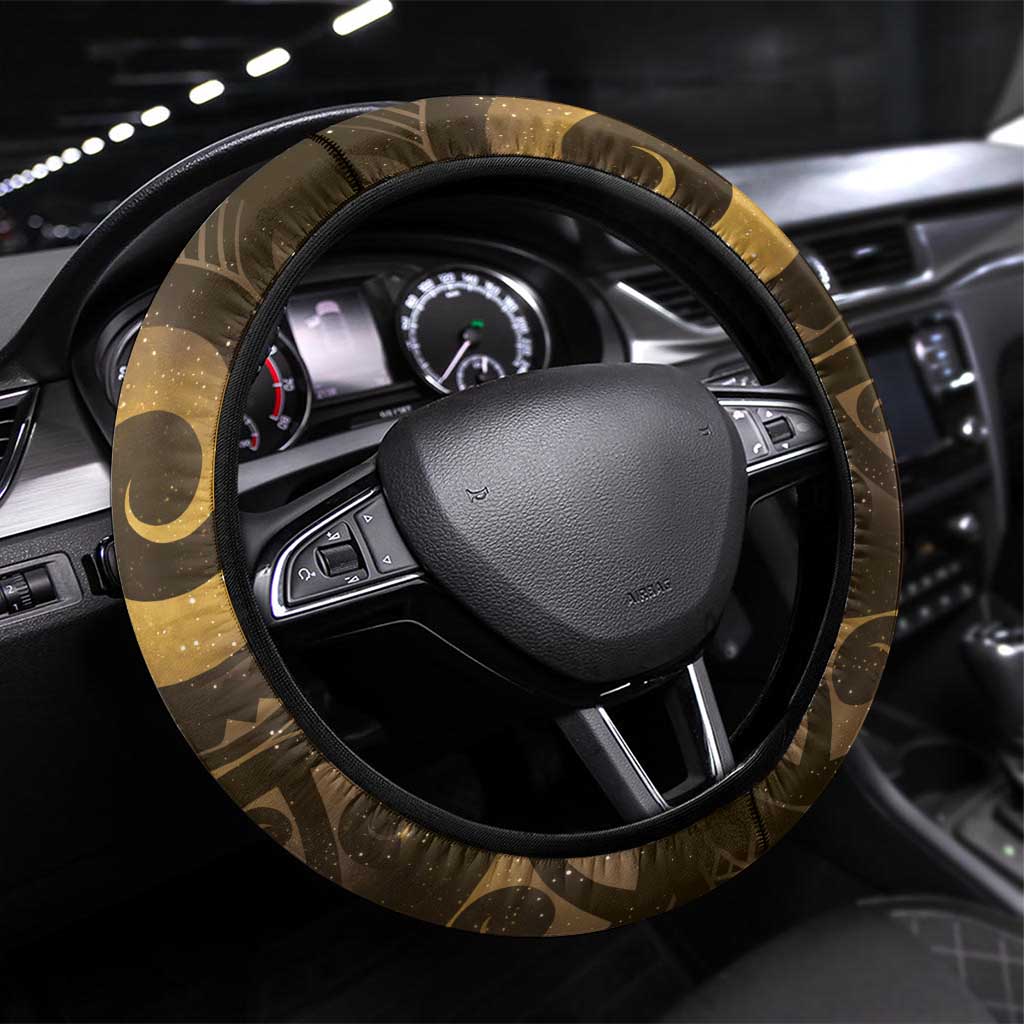 New Zealand Matariki Steering Wheel Cover Maori Koru With Humpback Whale Gold LT05 Universal Fit Gold - Polynesian Pride