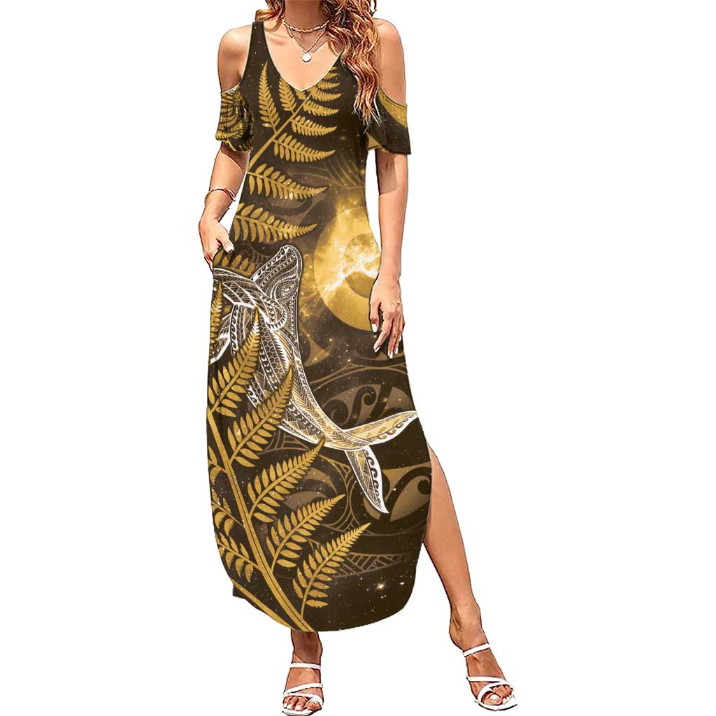 New Zealand Matariki Summer Maxi Dress Maori Koru With Humpback Whale Gold LT05 Women Gold - Polynesian Pride