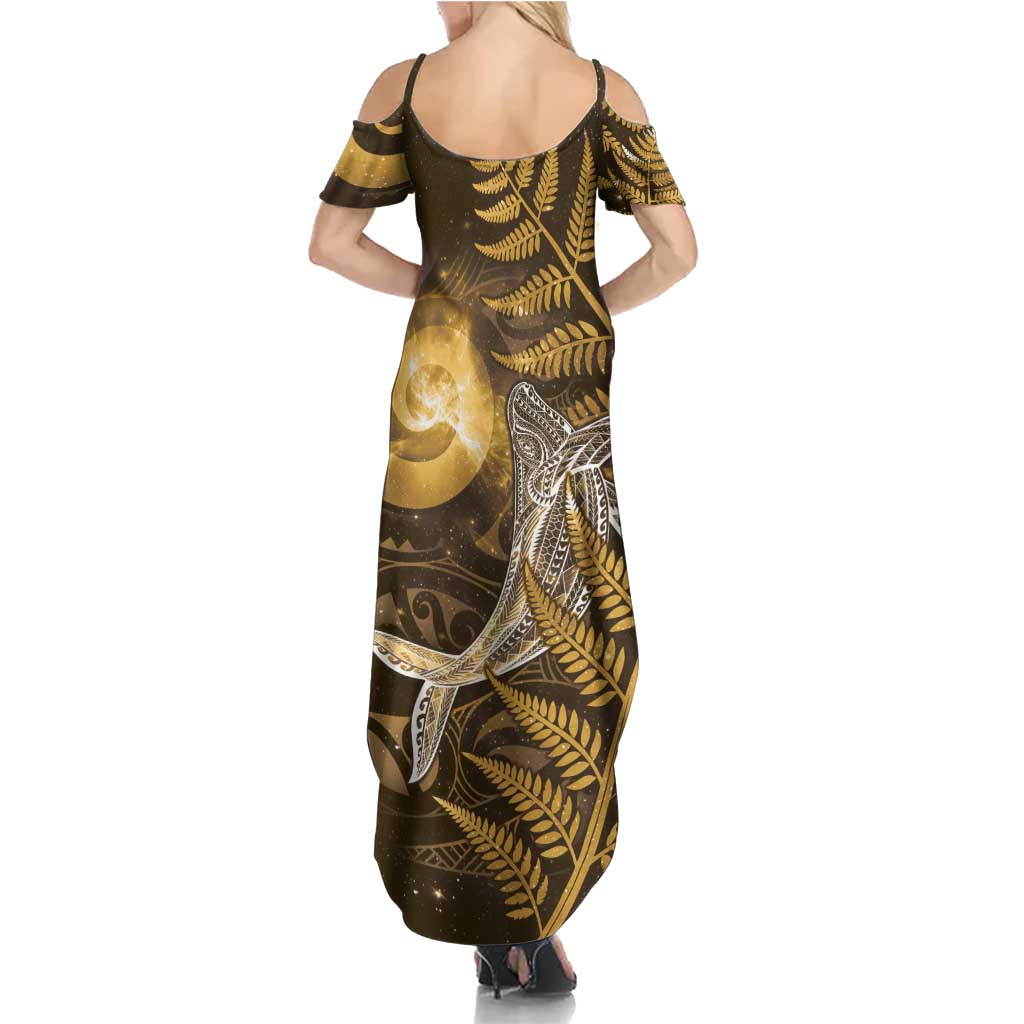 New Zealand Matariki Summer Maxi Dress Maori Koru With Humpback Whale Gold LT05 - Polynesian Pride