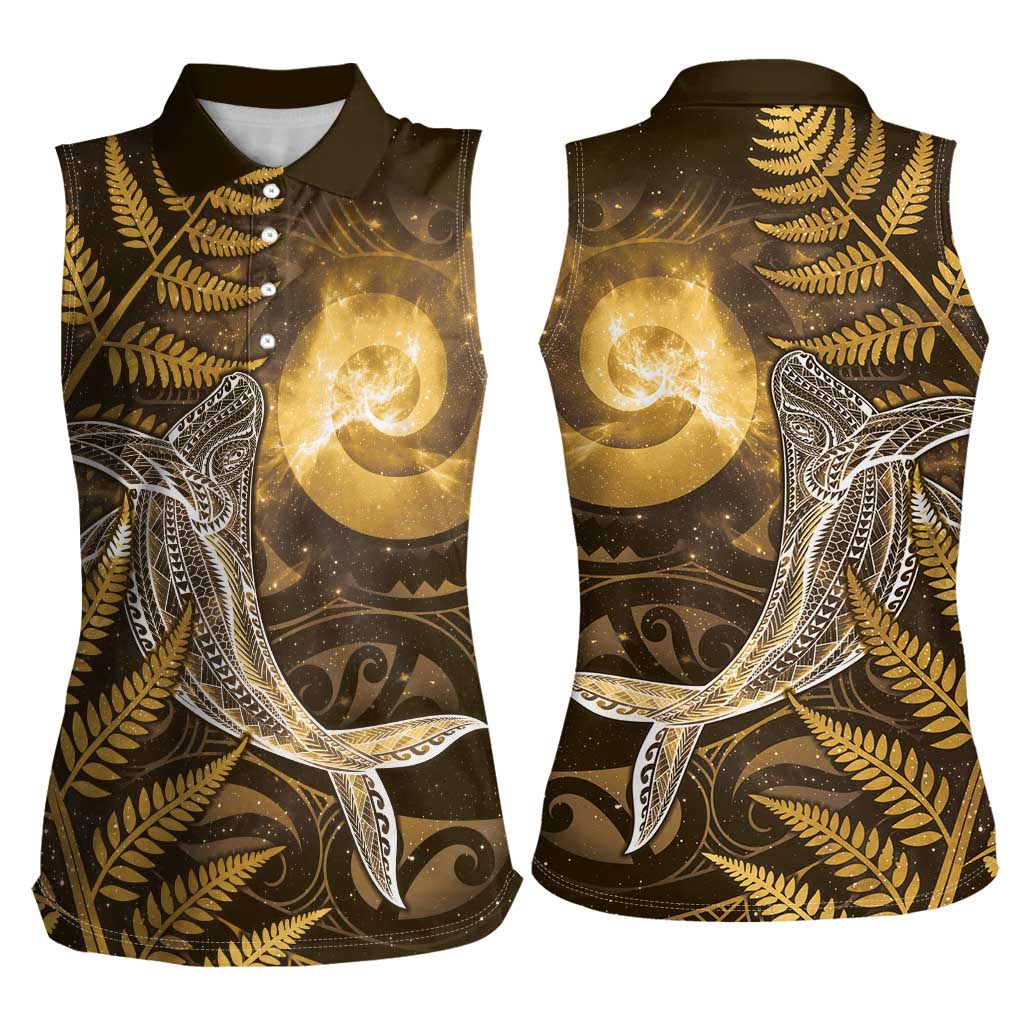 New Zealand Matariki Women Sleeveless Polo Shirt Maori Koru With Humpback Whale Gold