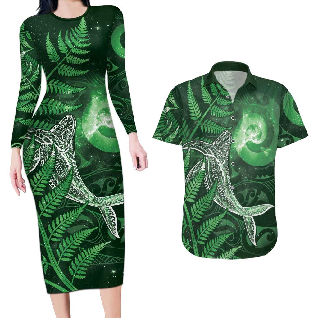 New Zealand Matariki Couples Matching Long Sleeve Bodycon Dress and Hawaiian Shirt Maori Koru With Humpback Whale Green LT05 Green - Polynesian Pride