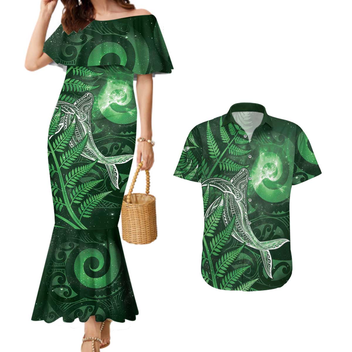 New Zealand Matariki Couples Matching Mermaid Dress and Hawaiian Shirt Maori Koru With Humpback Whale Green LT05 Green - Polynesian Pride