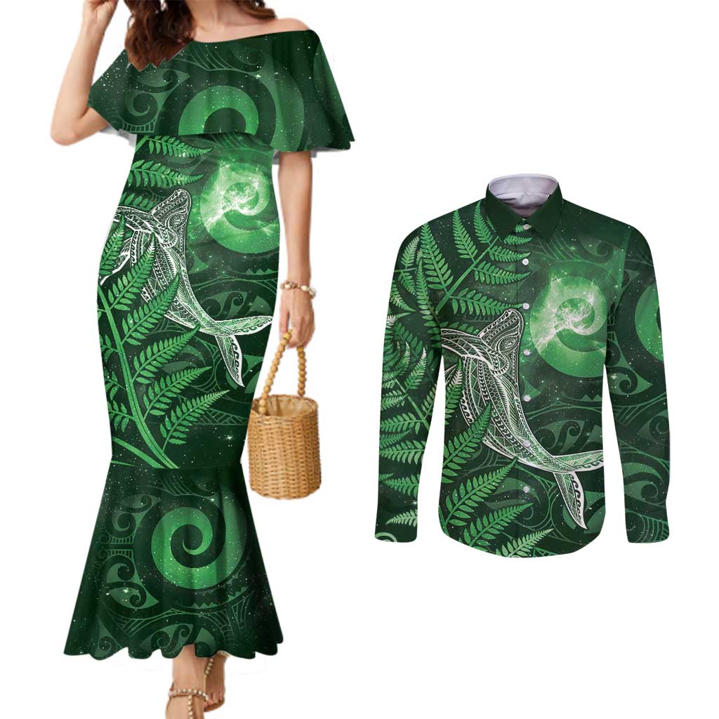 New Zealand Matariki Couples Matching Mermaid Dress and Long Sleeve Button Shirt Maori Koru With Humpback Whale Green
