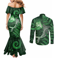 New Zealand Matariki Couples Matching Mermaid Dress and Long Sleeve Button Shirt Maori Koru With Humpback Whale Green
