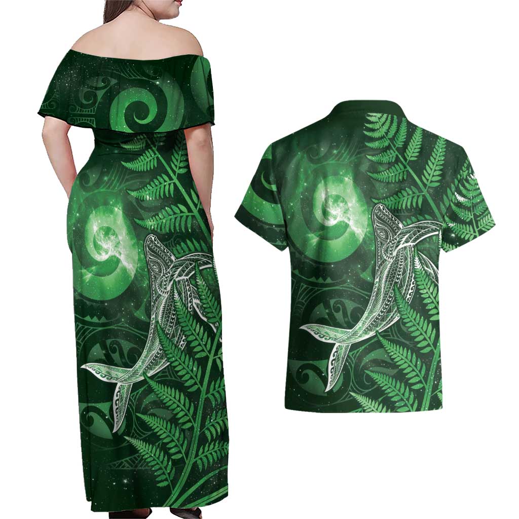 New Zealand Matariki Couples Matching Off Shoulder Maxi Dress and Hawaiian Shirt Maori Koru With Humpback Whale Green