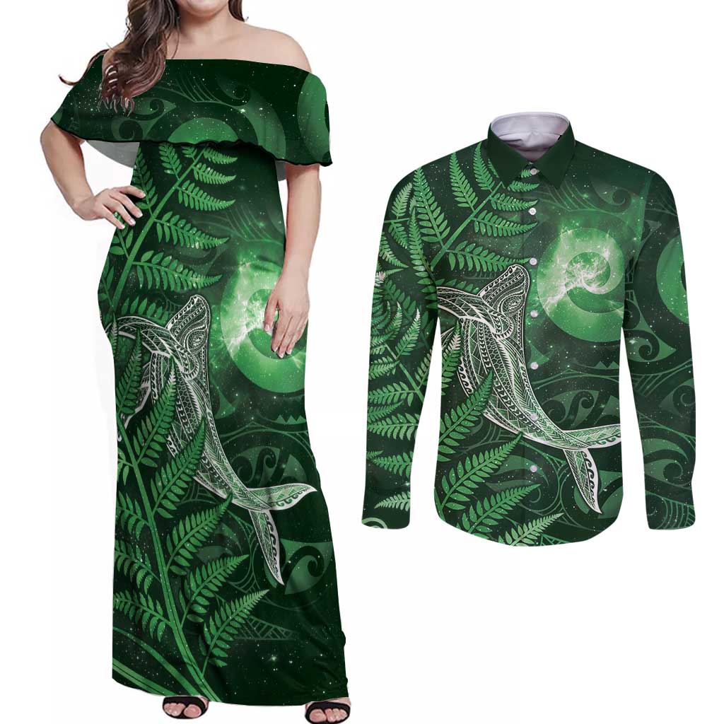 New Zealand Matariki Couples Matching Off Shoulder Maxi Dress and Long Sleeve Button Shirt Maori Koru With Humpback Whale Green LT05 Green - Polynesian Pride