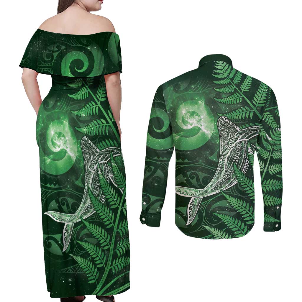 New Zealand Matariki Couples Matching Off Shoulder Maxi Dress and Long Sleeve Button Shirt Maori Koru With Humpback Whale Green LT05 - Polynesian Pride