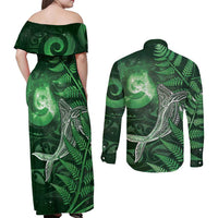 New Zealand Matariki Couples Matching Off Shoulder Maxi Dress and Long Sleeve Button Shirt Maori Koru With Humpback Whale Green LT05 - Polynesian Pride